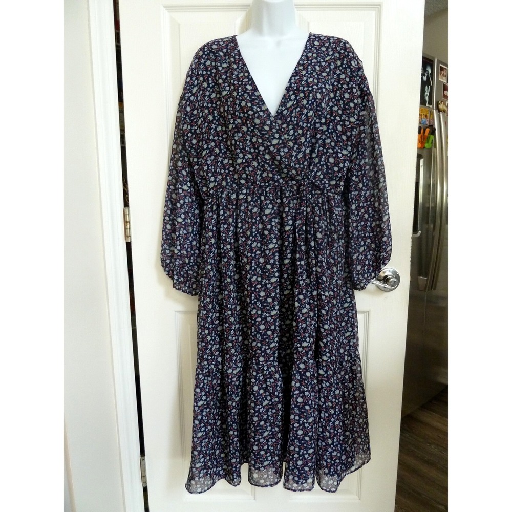 Madewell Floral Midi Dress Large Blue Pink Ruffle Hem Cottagecore Balloon Sleeve